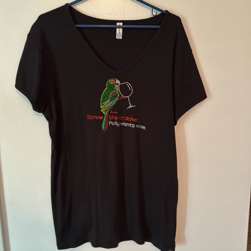 A wine themed v-neck t-shirt in a 1X